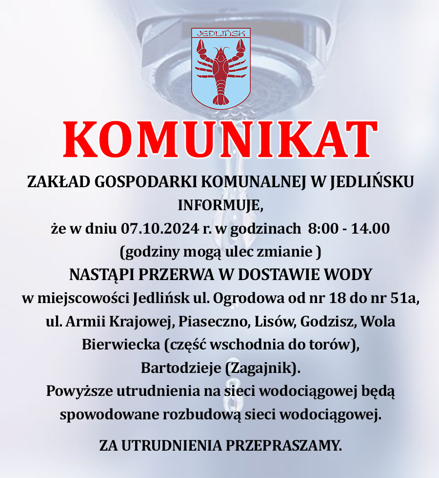 Przerwa w dostawie wody - 7 października 2024 r.