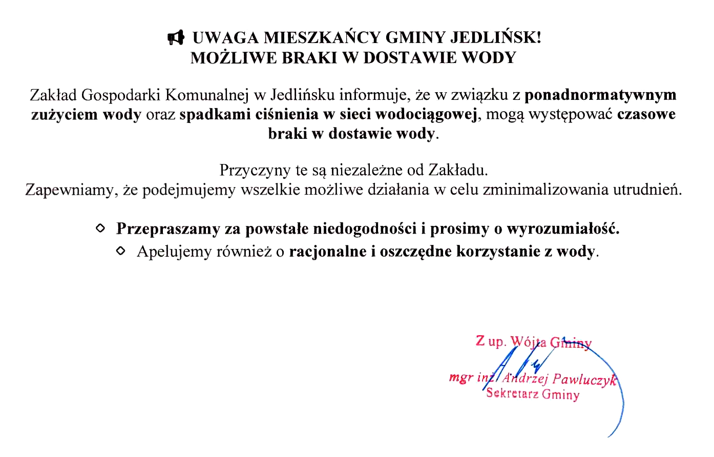 Możliwe braki w dostawie wody